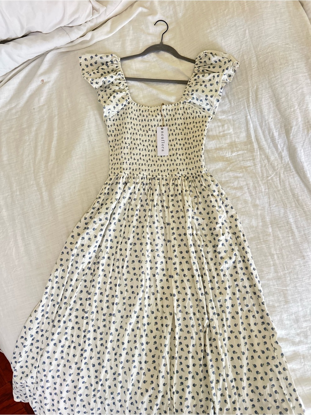 Smocked Floral Midi Dress in Cream with Blue Print